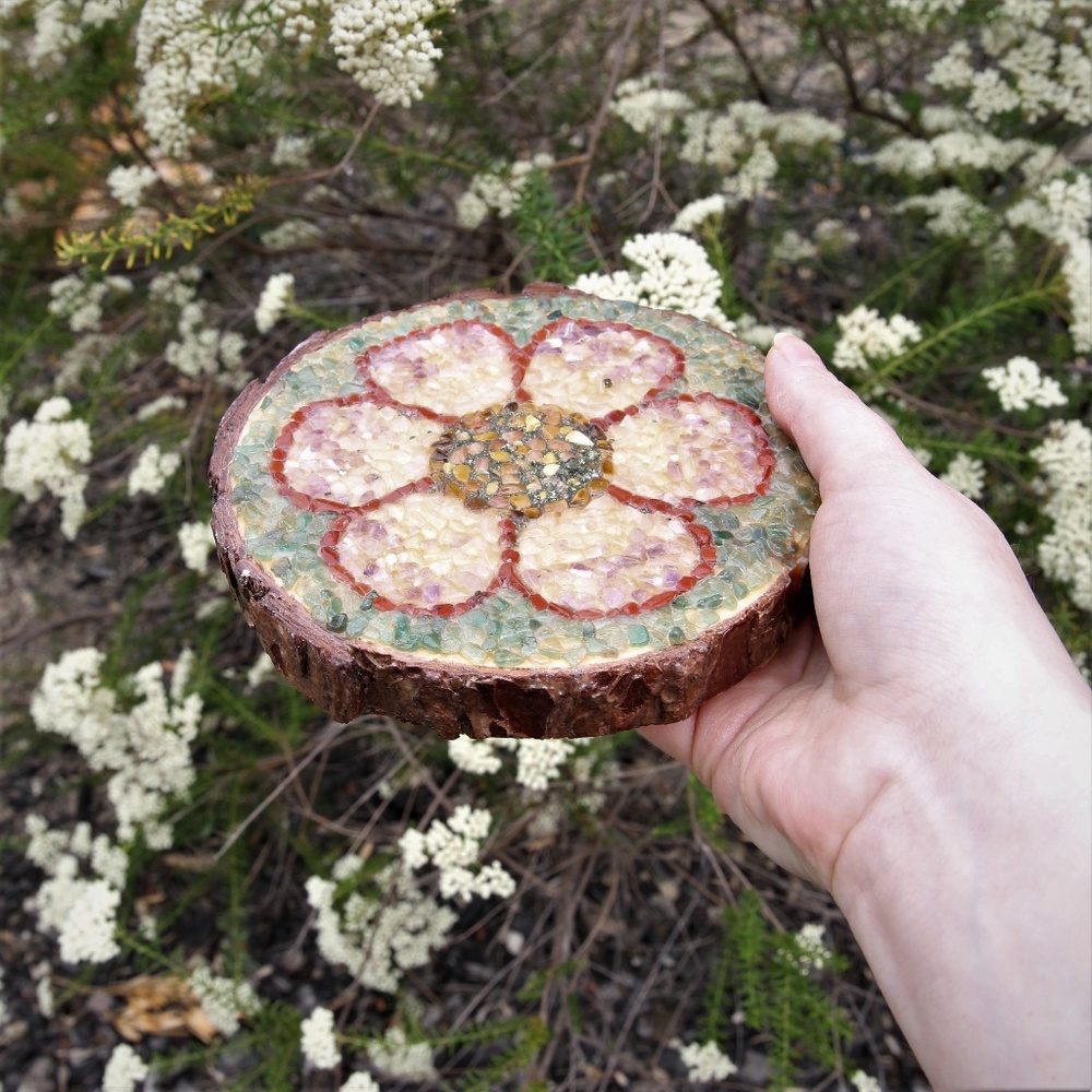 Feminine Essence Flower Crystal Grid Mosaic Wood